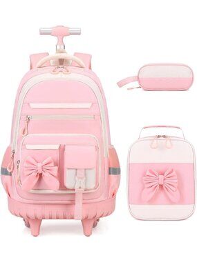 Cute Rolling Backpack for Girls, Wheeled School Bag with Lunch Bag & Pencil Case